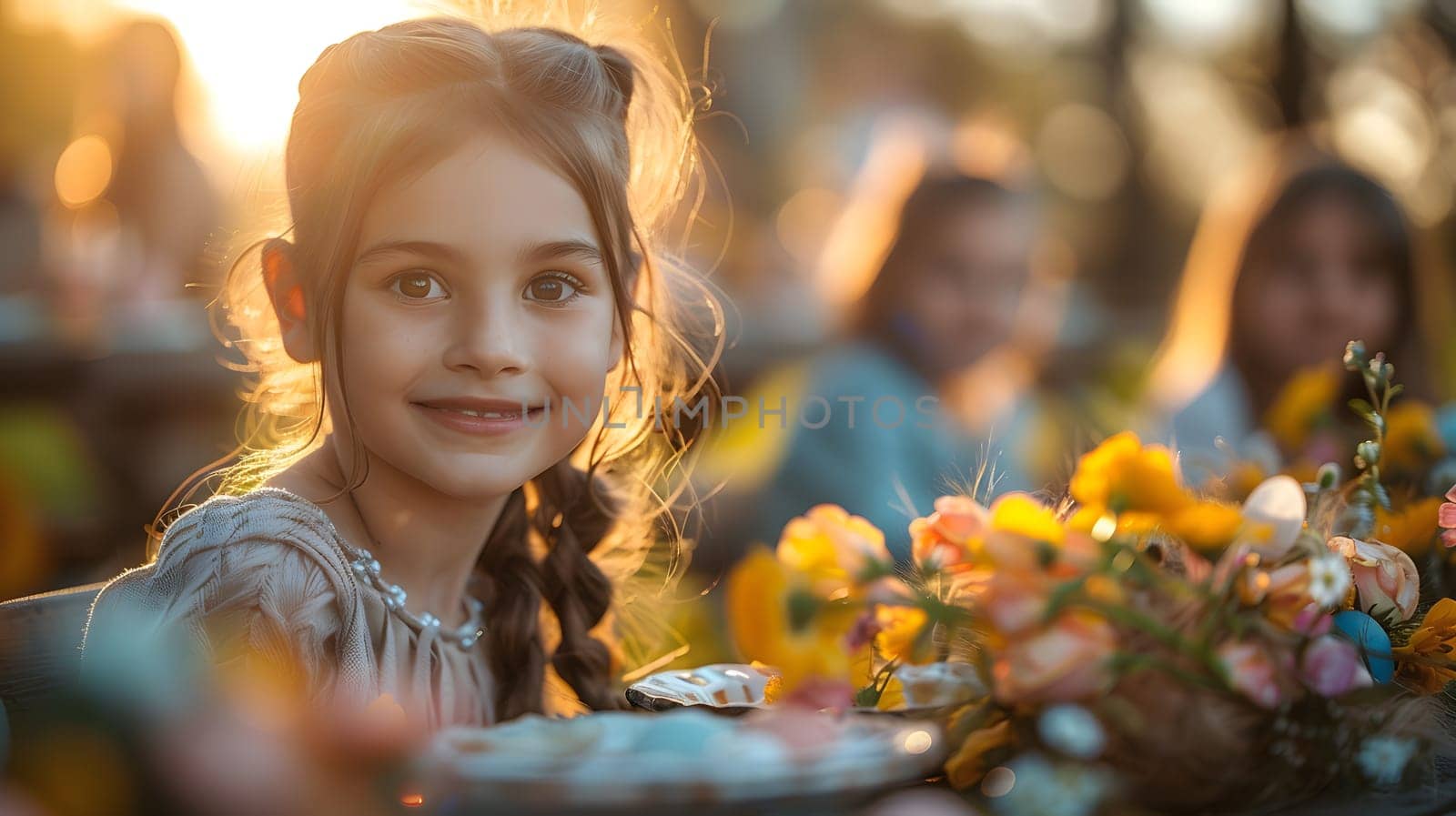 A young girl is happily seated at a table surrounded by colorful flowers, smiling at the camera. She is enjoying the fun event with people in nature