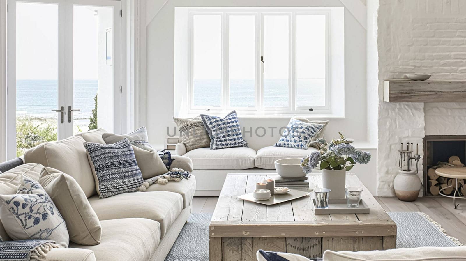 Interior of a living room with white walls, sofa and cushions. Sitting room in coastal cottage with sea view. Luxury lounge room