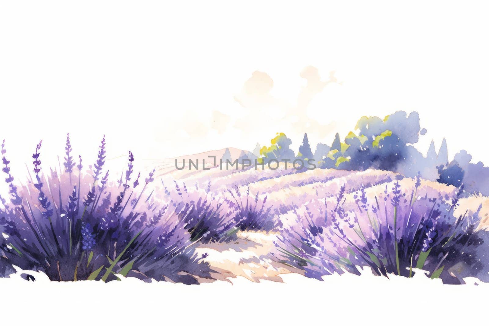 Lavender field hand painted watercolor illustration. by Artsiom