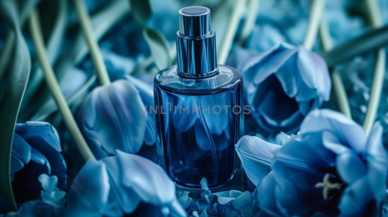 Perfume bottle with beautiful flowers. Floral background. Beauty concept. Flat lay, top view.