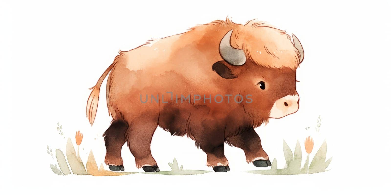 Cute little kawaii buffalo hand drawn watercolor illustration. by Artsiom