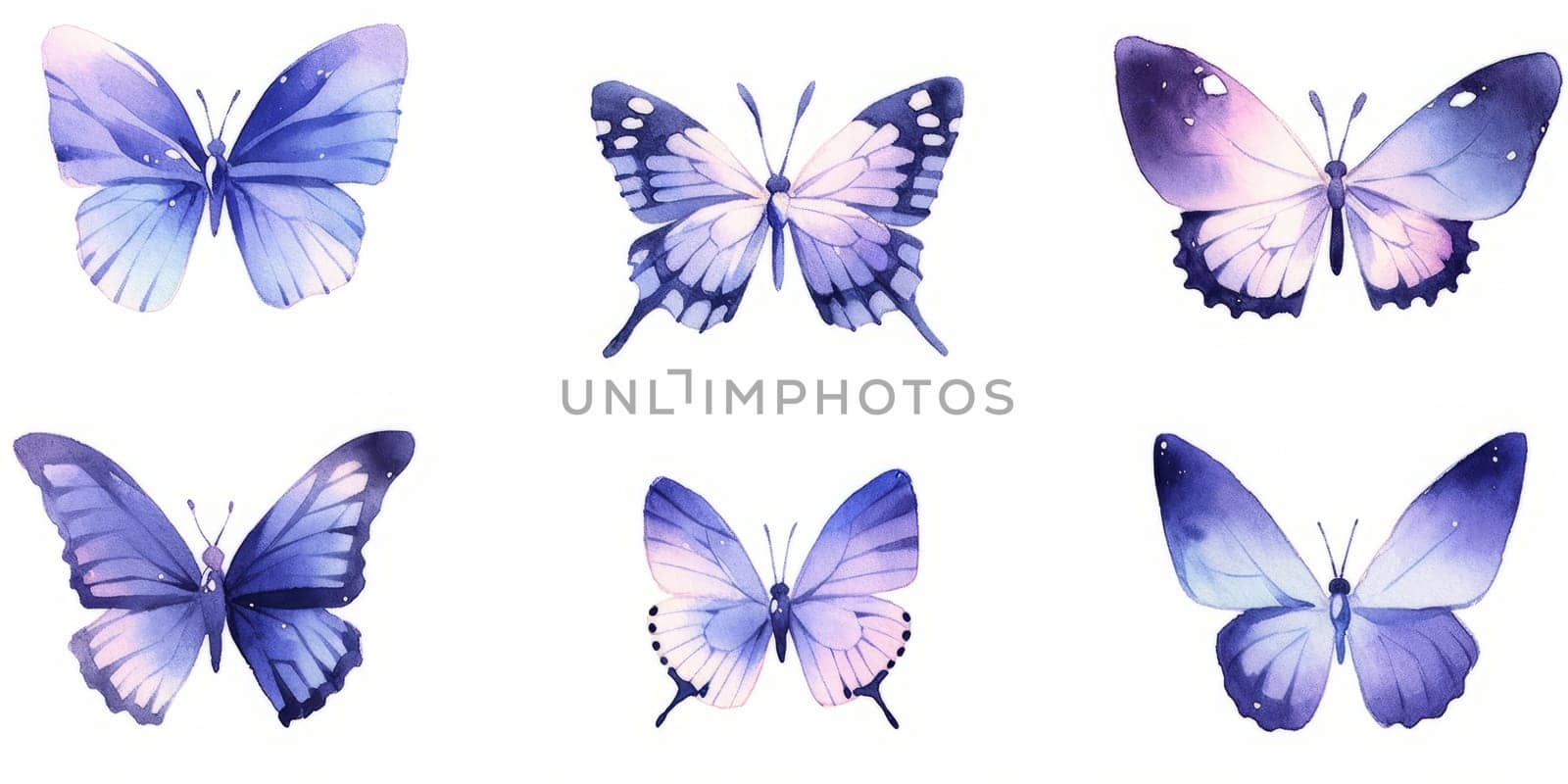 Set of flying gentle butterflies. Illustration in vintage watercolor style. Template for your design. by Artsiom