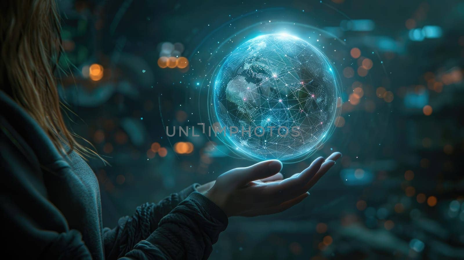 Future of Logistics, Hand Holding Holographic Globe with Real-time Transportation Data on Digital Banner.