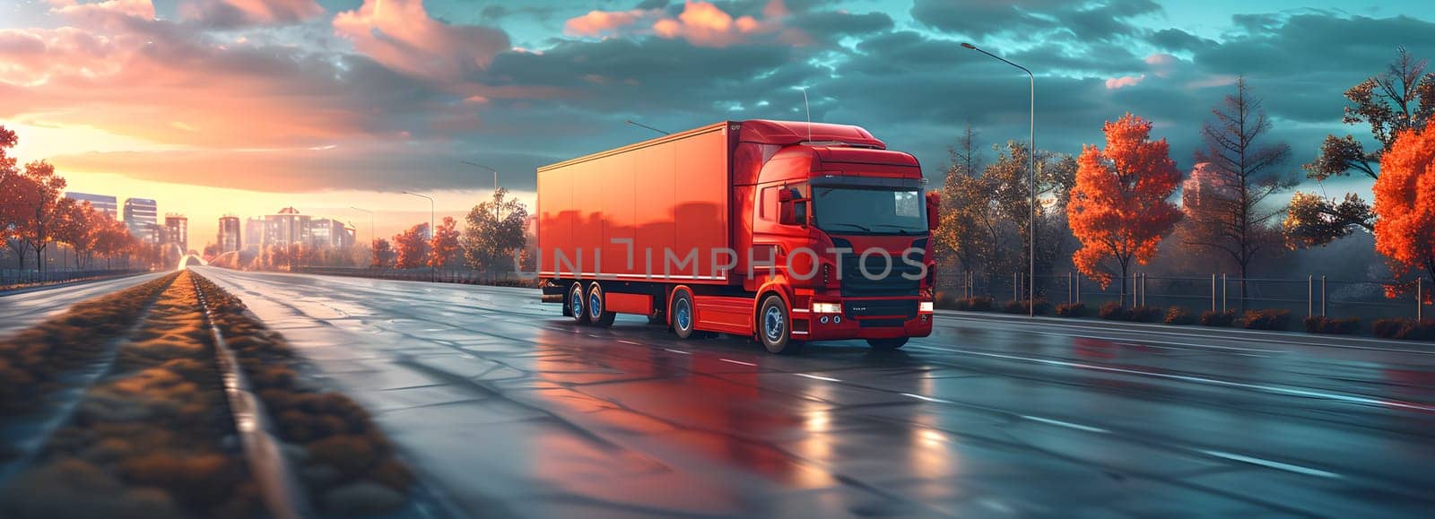 A red semi truck with automotive lighting is driving on a wet asphalt highway at sunset under cloudy skies. The trucks tires splashing water as it moves along