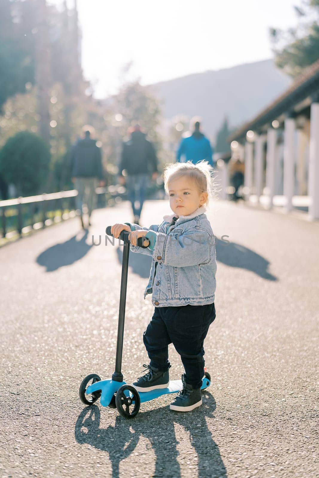 Little girl stands with one foot on the deck of a scooter holding her hands on the steering wheel on the road in the park. High quality photo