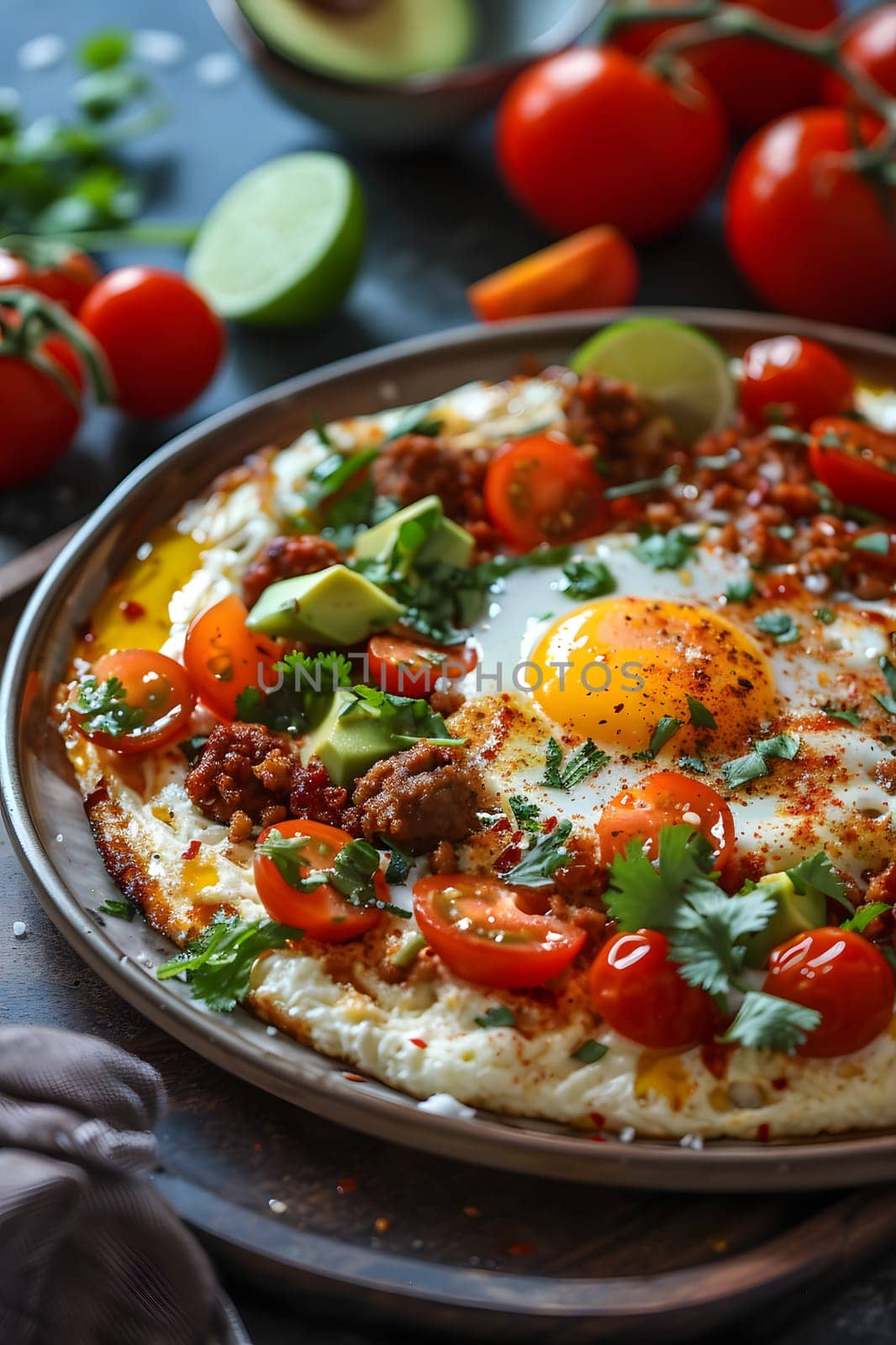 A Californiastyle pizza topped with eggs, plum tomatoes, avocado, and sausage, served on a plate as a delicious and unique combination of ingredients