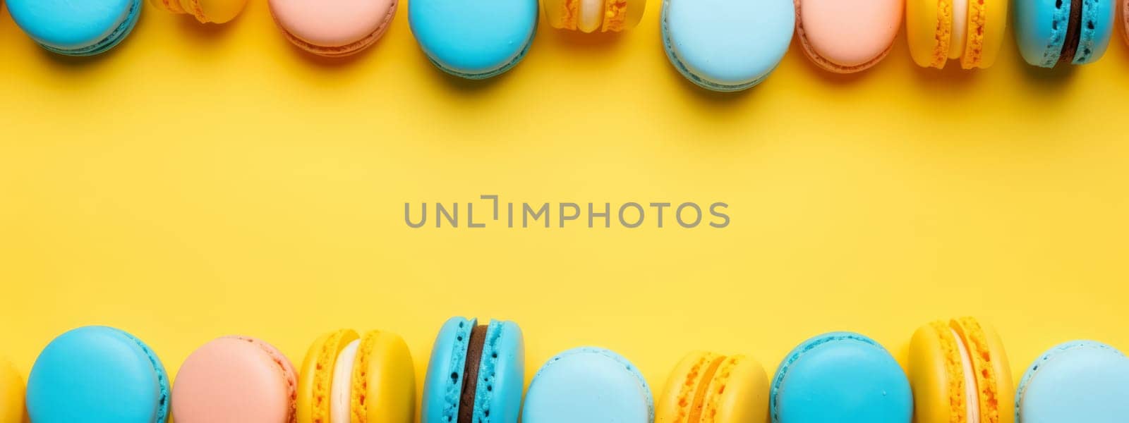 Top view of colorful macaron or macaroon on yellow background. Flat lay