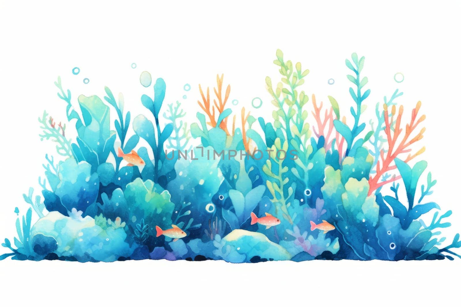 Seaweed on a seabed landscape hand painted watercolor illustration