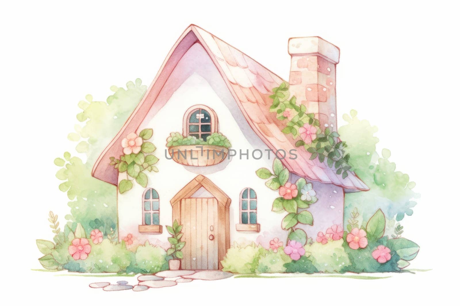 Cute cozy house hand drawn watercolor illustration