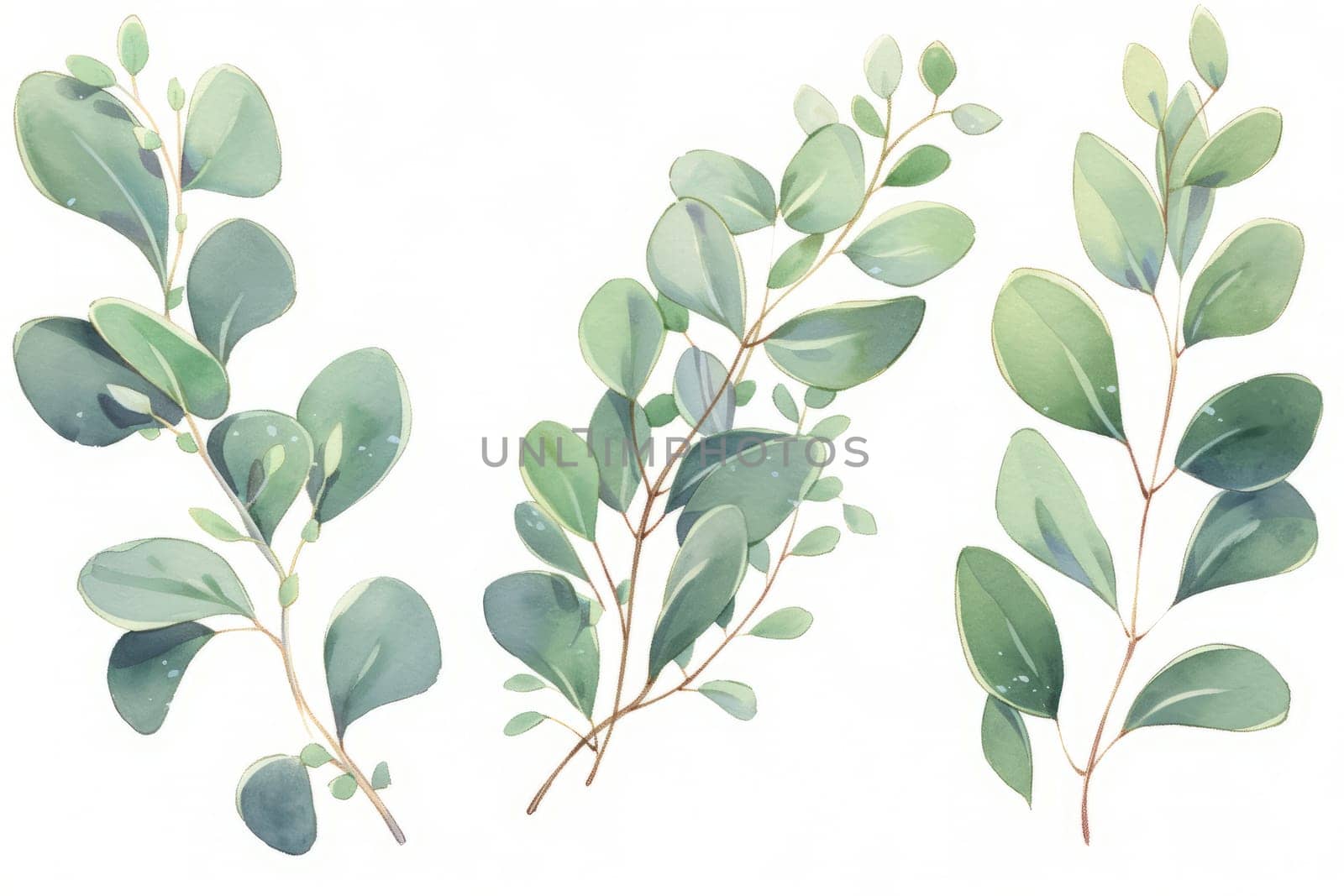 Green leaf eucalyptus branches hand drawn watercolor illustration. by Artsiom