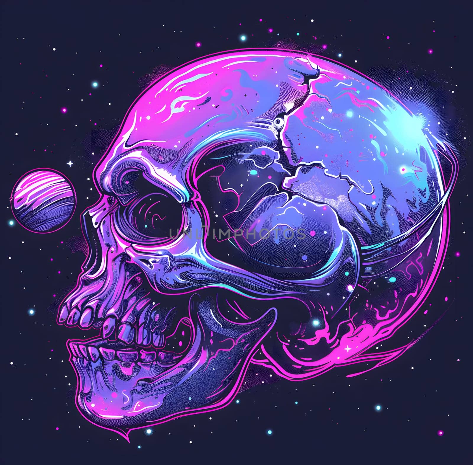A vibrant skull artwork featuring a purple jaw bone. The background showcases an electric blue planet, creating a unique blend of art and science