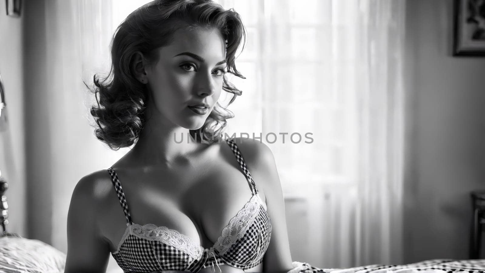 Woman black and white gingham lingerie set retro vibe pin up style bright cheerful lighting.