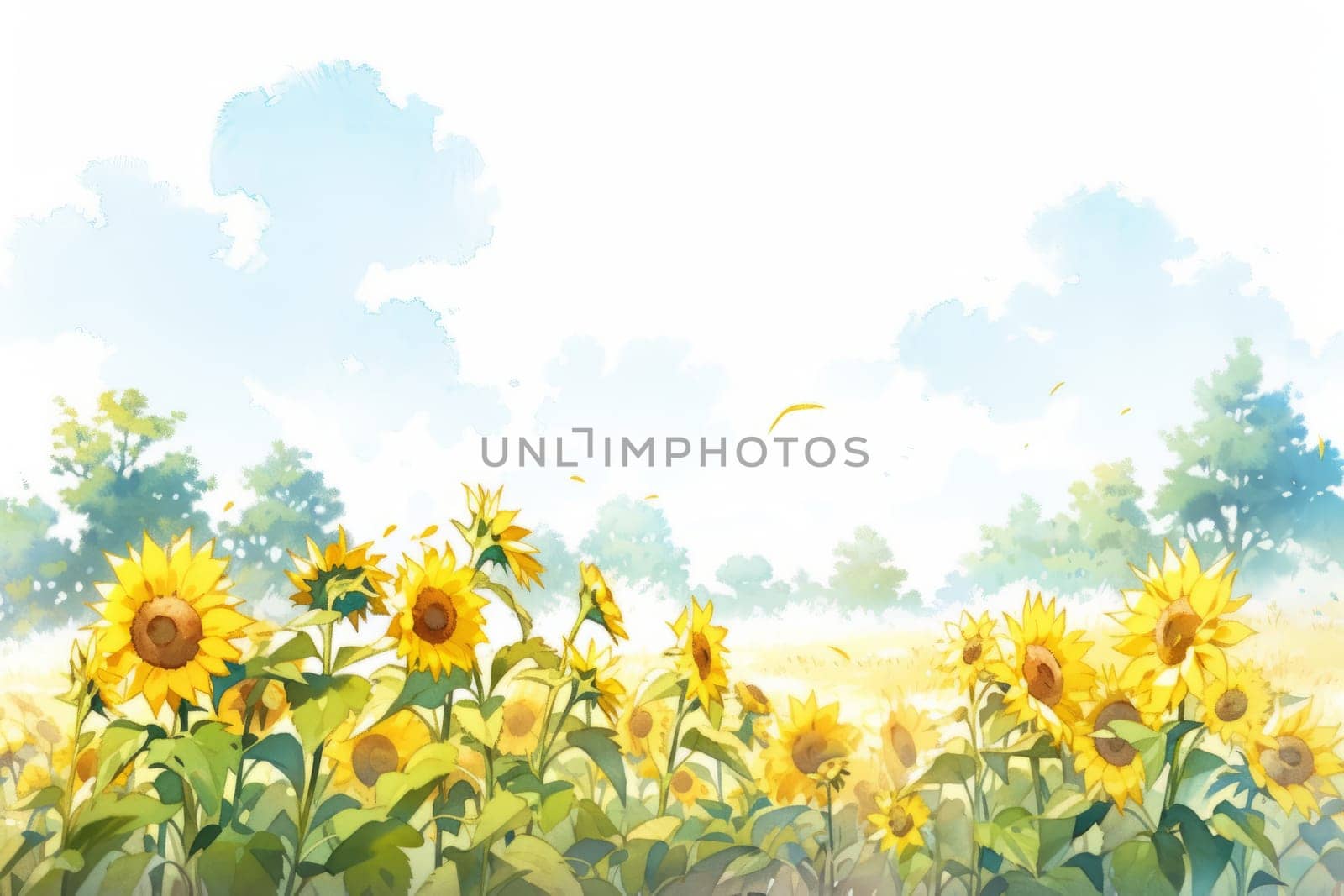 Sunflower landscape background hand drawn watercolor illustration. by Artsiom