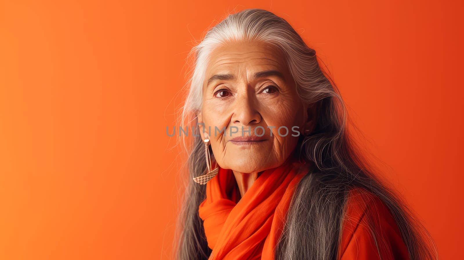 Elegant, elderly, chic Latino, Spain woman with gray long hair and perfect skin, orange background, banner. Advertising of cosmetic products, spa treatments, shampoos and hair care products, dentistry and medicine, perfumes and cosmetology for women