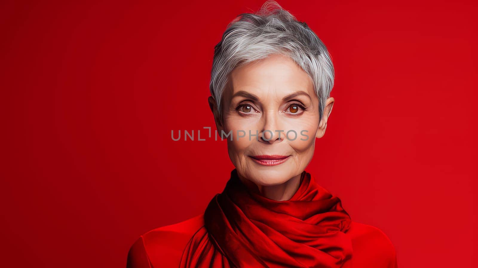 Elegant, smiling elderly, chic latino, Spain woman with gray hair and perfect skin, red background banner. Advertising of cosmetic products, spa treatments, shampoos and hair care products, dentistry and medicine, perfumes and cosmetology for women