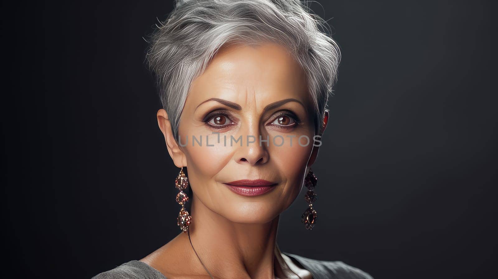 Elegant, smiling elderly, chic latino, Spain woman with gray hair and perfect skin, silver background banner. Advertising of cosmetic products, spa treatments, shampoos hair care products, dentistry and medicine, perfumes and cosmetology for women