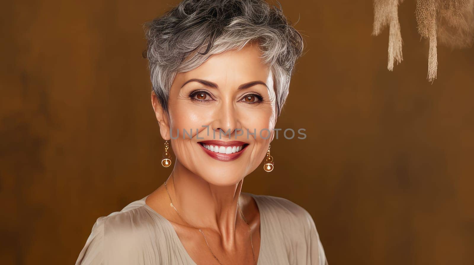 Elegant, smiling elderly, chic latino, Spain woman with gray hair and perfect skin, gold background banner. Advertising of cosmetic products, spa treatments, shampoos and hair care products, dentistry and medicine, perfumes and cosmetology for women