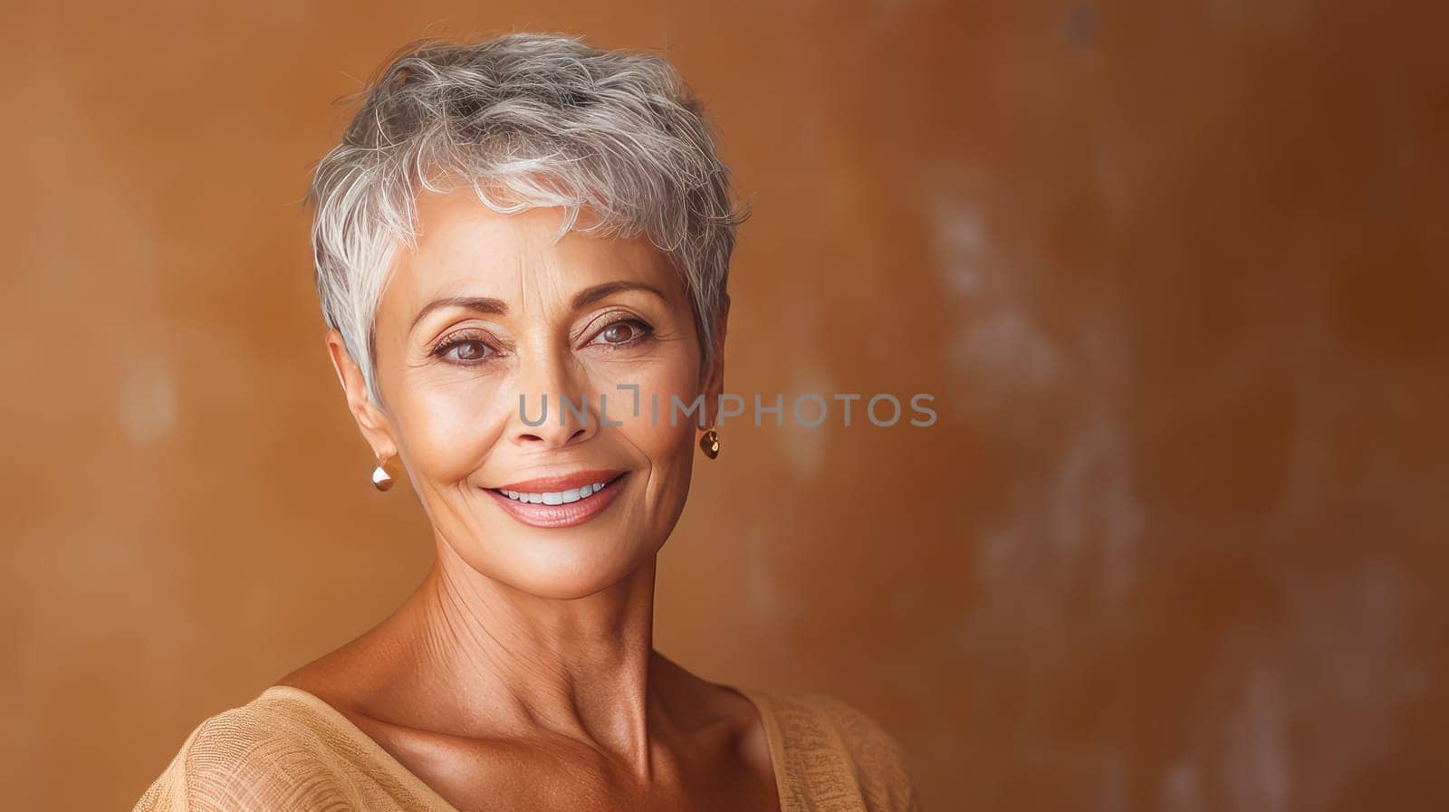 Elegant, smiling elderly, chic latino, Spain woman with gray hair and perfect skin, creamy beige background banner. Advertising of cosmetic products, spa treatments, shampoos hair care products, dentistry and medicine, perfumes and cosmetology women