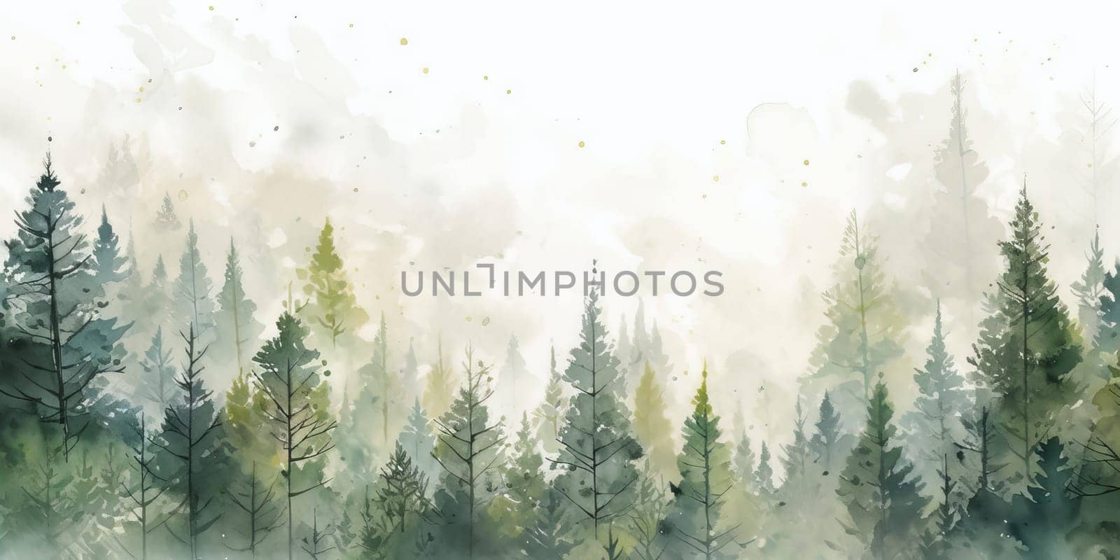 Watercolor background drawn landscape of foggy forest, winter hill