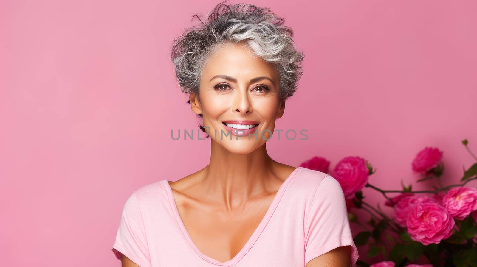 Elegant, smiling elderly, chic latino, Spain woman with gray hair and perfect skin, pink background banner. Advertising of cosmetic products, spa treatments, shampoos and hair care products, dentistry and medicine, perfumes and cosmetology for women