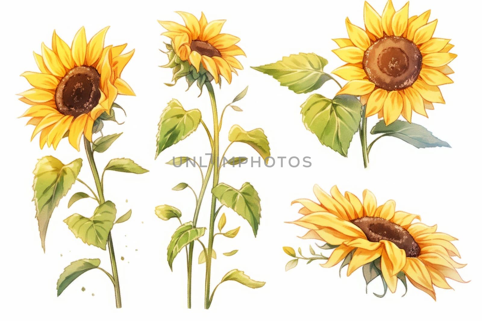 Set of sunflower hand drawn watercolor illustration. by Artsiom