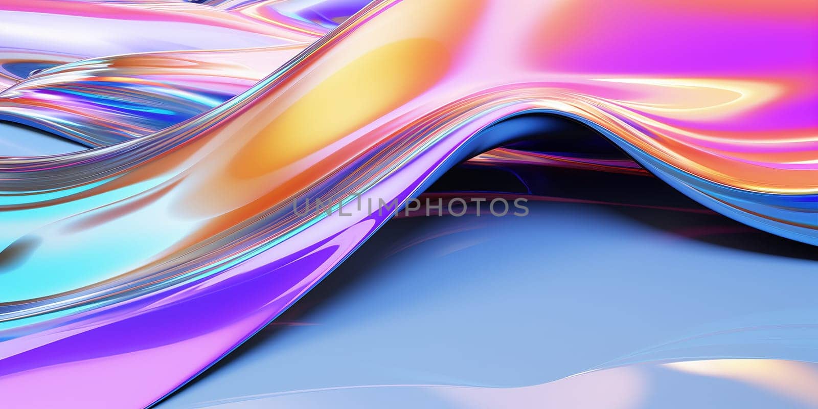Metallic rainbow gradient waves abstract background. Iridescent chrome wavy surface. Liquid surface, ripples, reflections. 3d render illustration. by Artsiom