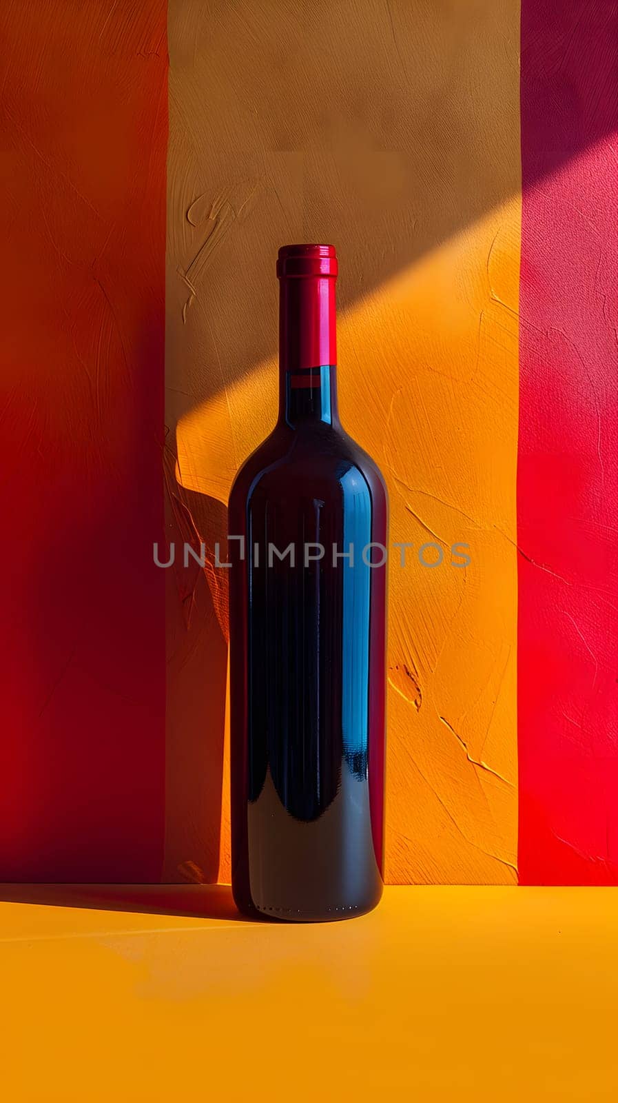 A glass bottle containing red wine sits elegantly on a vibrant yellow table, sealed with a cork bottle stopper. The liquid inside is a rich alcoholic beverage waiting to be enjoyed