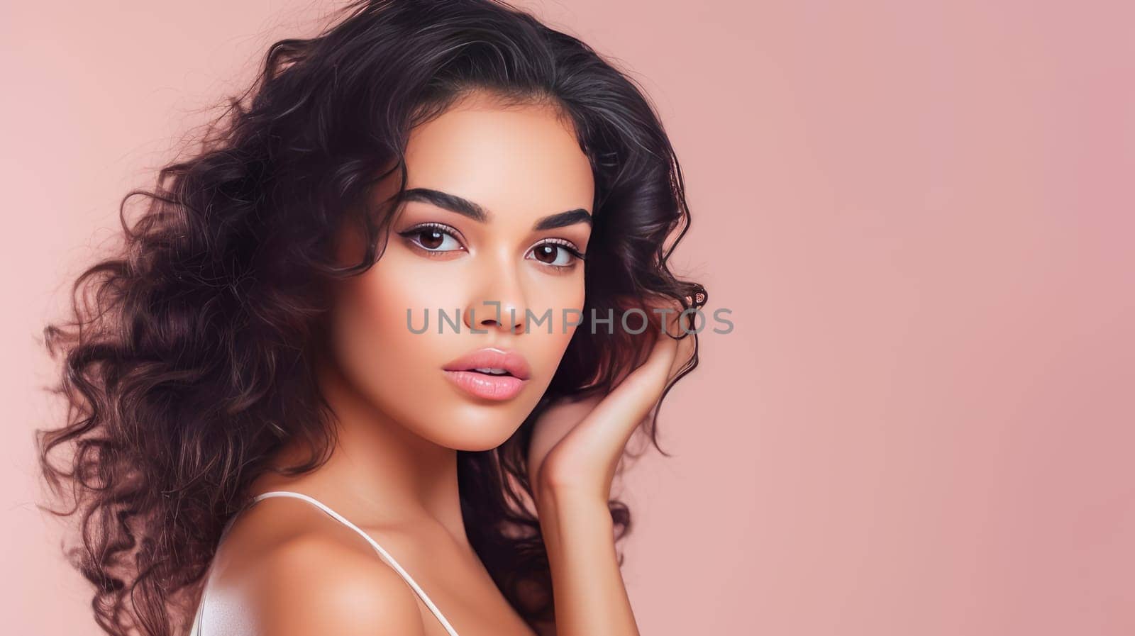 Beautiful, elegant, sexy Latino, Spain woman with perfect skin, on a pink background, banner. Advertising of cosmetic products, spa treatments, shampoos and hair care products, dentistry and medicine, perfumes and cosmetology for women