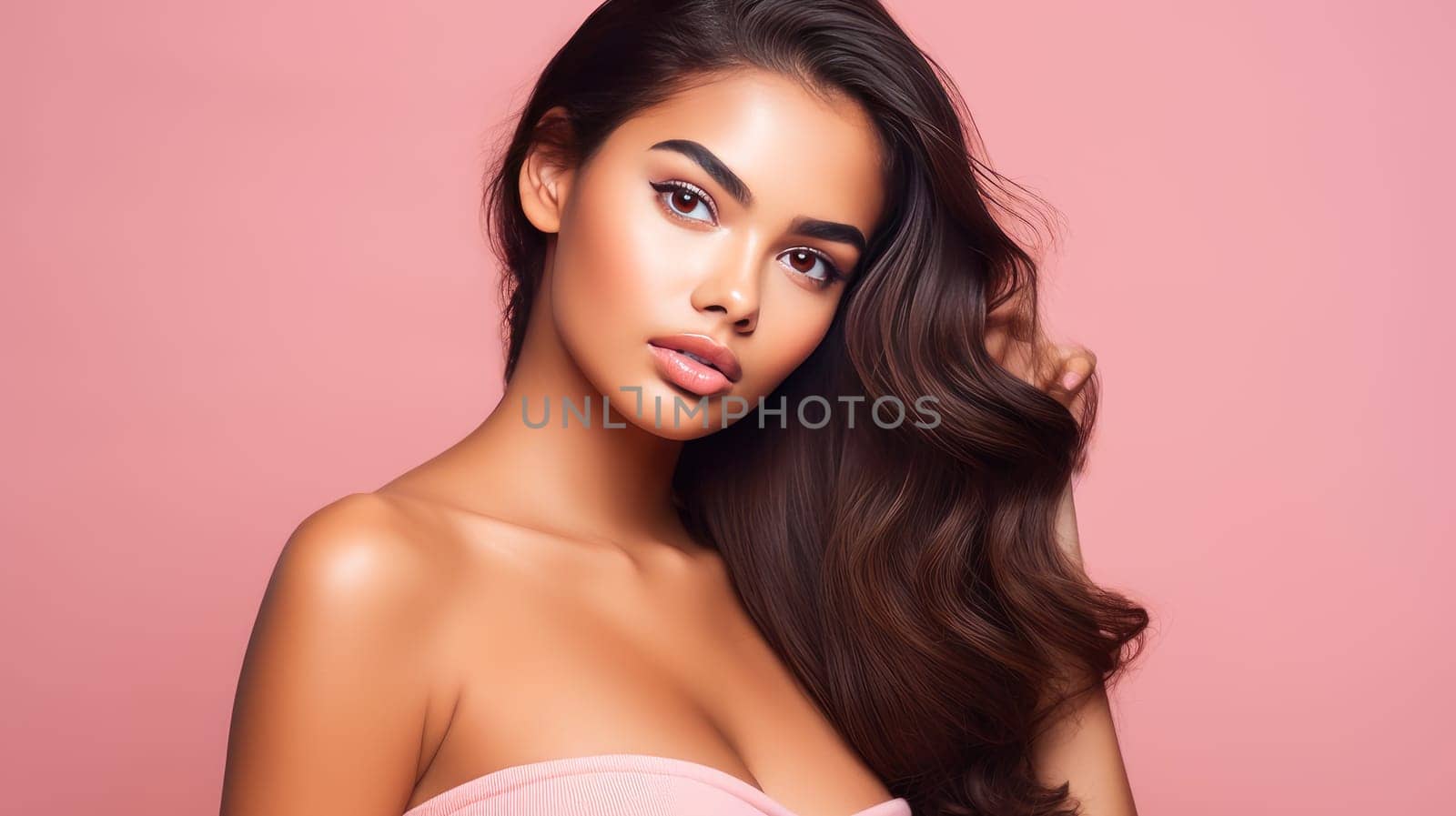 Beautiful, elegant, sexy Latino, Spain woman with perfect skin, on a pink background, banner. Advertising of cosmetic products, spa treatments, shampoos and hair care products, dentistry and medicine, perfumes and cosmetology for women