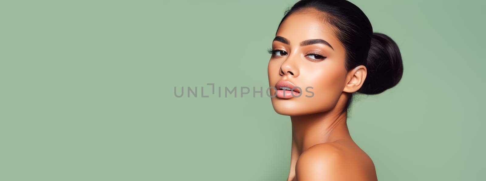 Beautiful, elegant, sexy Latino, Spain woman with perfect skin, on a light green background, banner. Advertising of cosmetic products, spa treatments, shampoos and hair care products, dentistry and medicine, perfumes and cosmetology for women