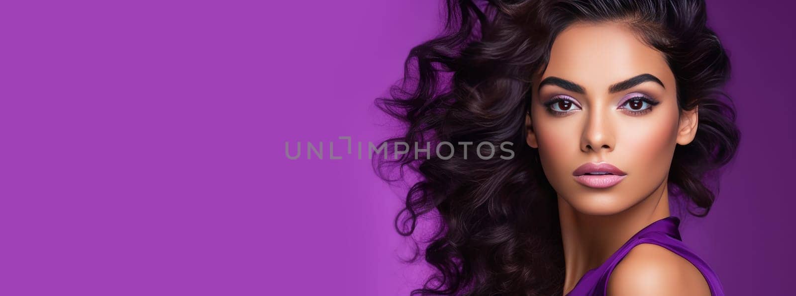 Beautiful, elegant, sexy Latino, Spain woman with perfect skin, on a purple background, banner. Advertising of cosmetic products, spa treatments, shampoos and hair care products, dentistry and medicine, perfumes and cosmetology for women