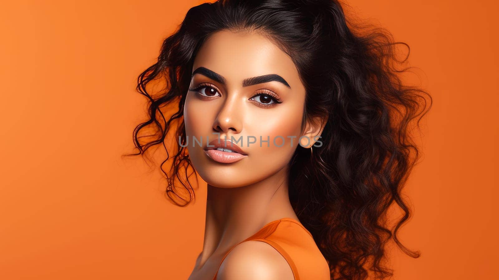 Beautiful, elegant, sexy Latino, Spain woman with perfect skin, on an orange background, banner. Advertising of cosmetic products, spa treatments, shampoos and hair care products, dentistry and medicine, perfumes and cosmetology for women