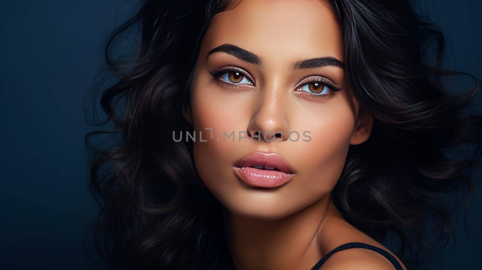 Beautiful, elegant, sexy Latino, Spain woman with perfect skin, on a dark blue background, banner. Advertising of cosmetic products, spa treatments, shampoos and hair care products, dentistry and medicine, perfumes and cosmetology for women