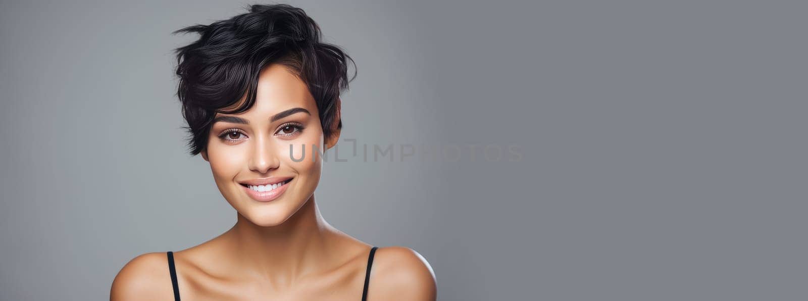 Beautiful, elegant, sexy Latino, Spain with short haircut woman with perfect skin, gray background, banner. Advertising of cosmetic products, spa treatments, shampoos and hair care products, dentistry and medicine, perfumes and cosmetology for women