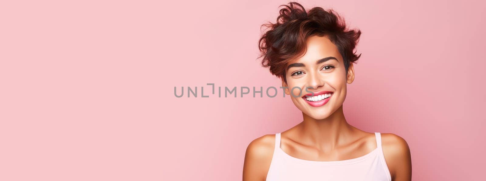 Beautiful, elegant, sexy Latino, Spain with short haircut woman with perfect skin, pink background, banner. Advertising of cosmetic products, spa treatments, shampoos and hair care products, dentistry and medicine, perfumes and cosmetology for women