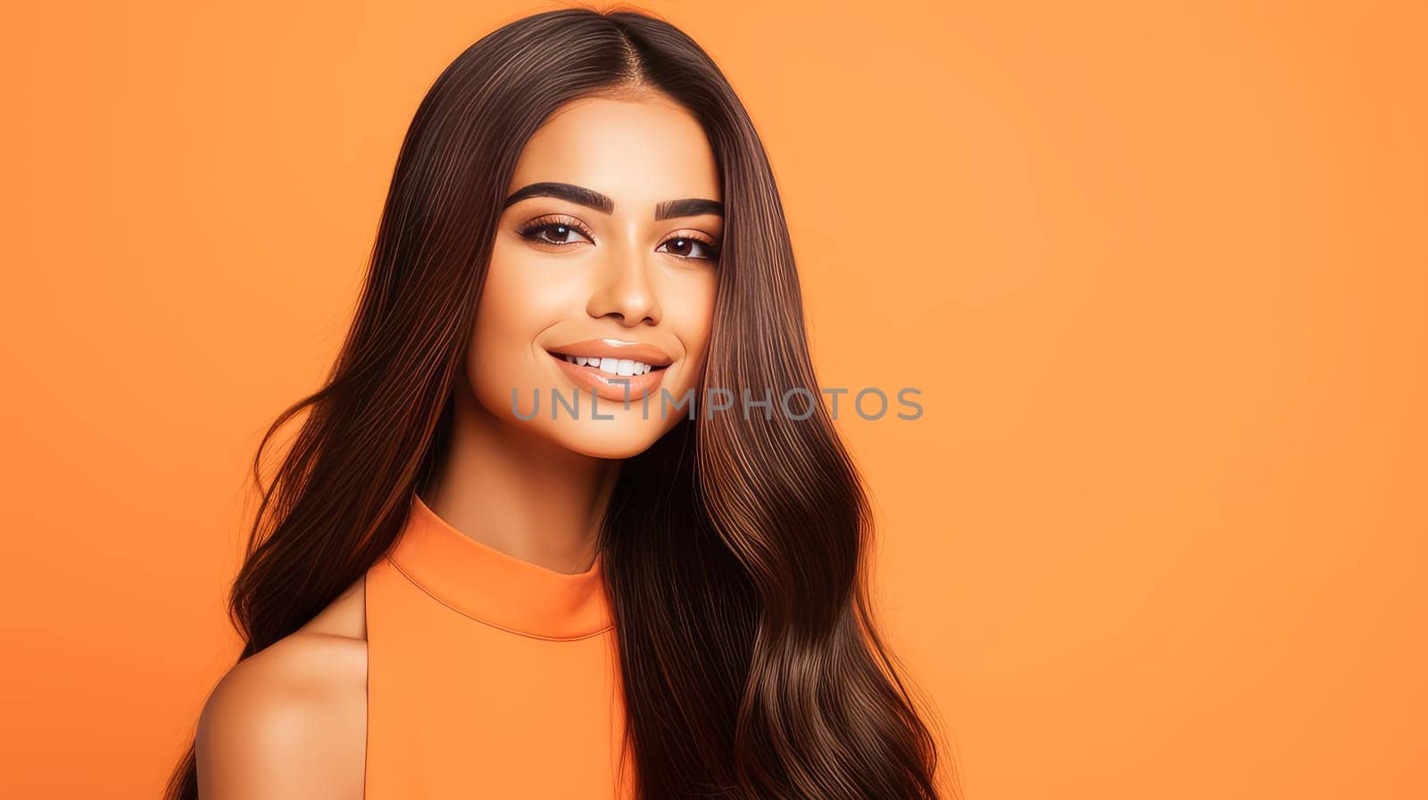 Beautiful, elegant, sexy Latino, Spain woman with long hair with perfect skin, orange background, banner. Advertising of cosmetic products, spa treatments, shampoos and hair care products, dentistry and medicine, perfumes and cosmetology for women
