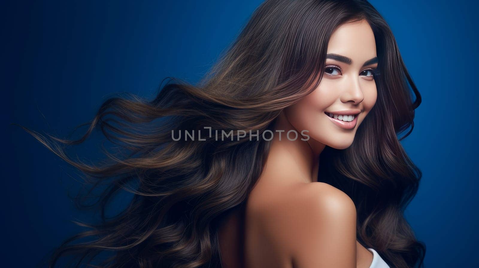 Beautiful, elegant, sexy Latino, Spain woman with long hair with perfect skin, blue background, banner. Advertising of cosmetic products, spa treatments, shampoos and hair care products, dentistry and medicine, perfumes and cosmetology for women