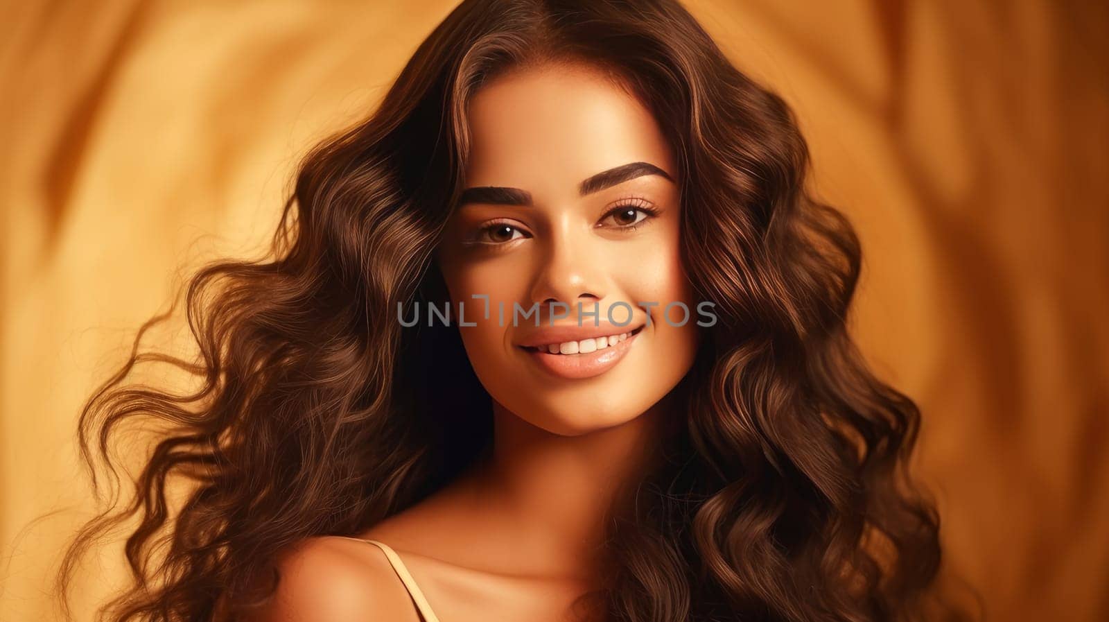 Beautiful, elegant, sexy Latino, Spain woman with long hair with perfect skin, golden background, banner. Advertising of cosmetic products, spa treatments, shampoos and hair care products, dentistry and medicine, perfumes and cosmetology for women