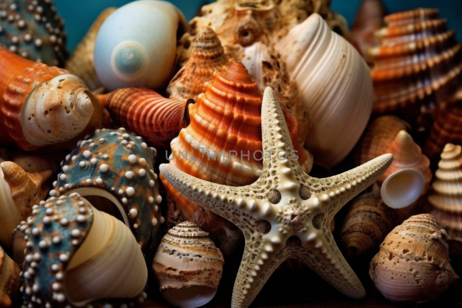 Sea shells and sea star as background. Mix. Generated AI by Oxdesign