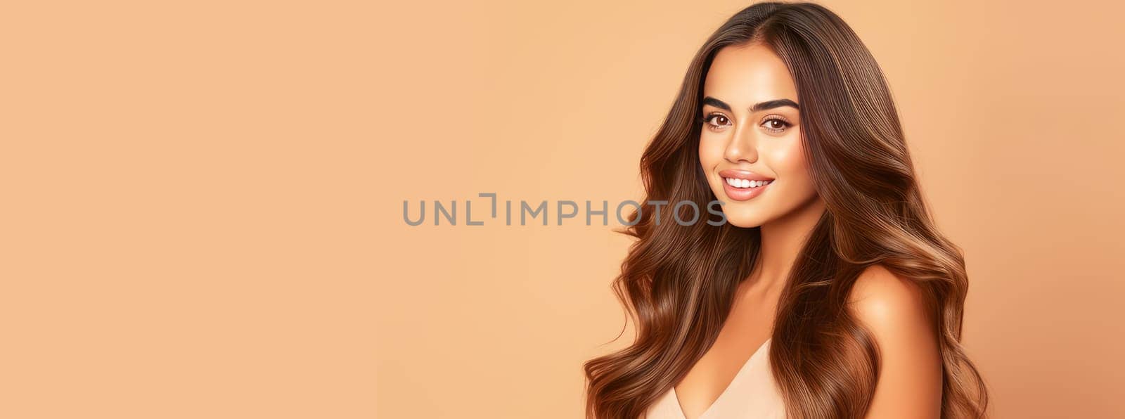 Beautiful, elegant, sexy Latino, Spain woman with long hair with perfect skin, creamy beige background, banner. Advertising of cosmetic products, spa treatments, shampoos and hair care products, dentistry and medicine, perfumes and cosmetology women