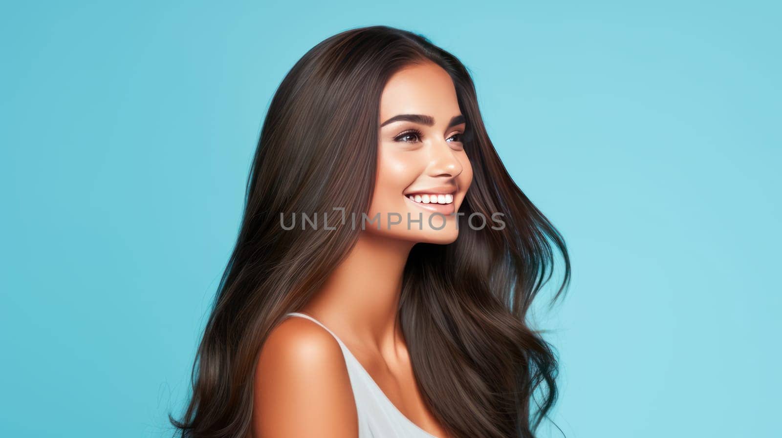 Beautiful, elegant, sexy Latino, Spain woman with long hair with perfect skin, light blue background banner. Advertising of cosmetic products, spa treatments, shampoos and hair care products, dentistry and medicine, perfumes and cosmetology for women
