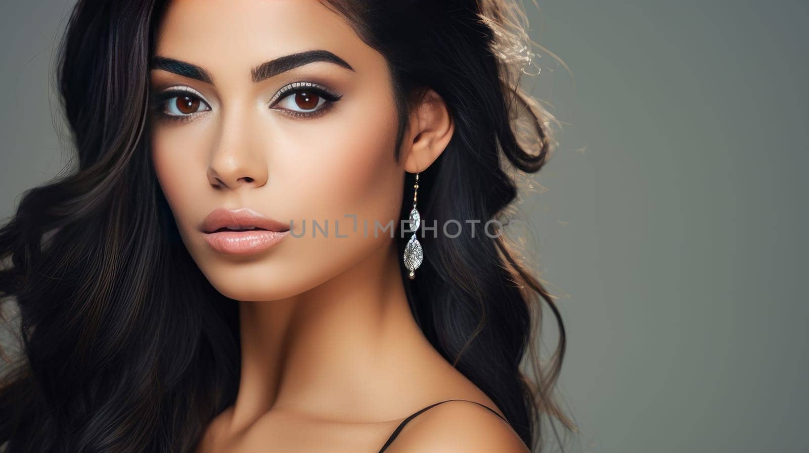 Beautiful, elegant, sexy Latino, Spain woman with long hair with perfect skin, gray background, banner. Advertising of cosmetic products, spa treatments, shampoos and hair care products, dentistry and medicine, perfumes and cosmetology for women