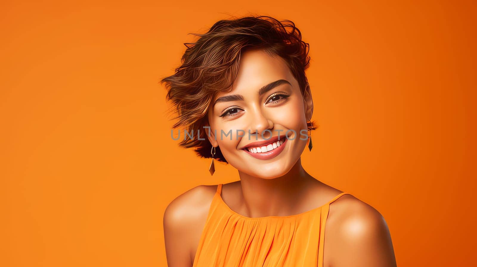 Beautiful, elegant, sexy Latina, Spain with short haircut, woman with perfect skin, orange background, banner. Advertising cosmetic products, spa treatments, shampoos and hair care products, dentistry and medicine, perfumes and cosmetology for women