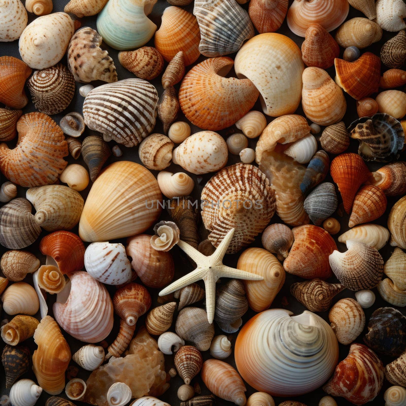 Sea shells and sea star as background. Mix. Generated AI by Oxdesign