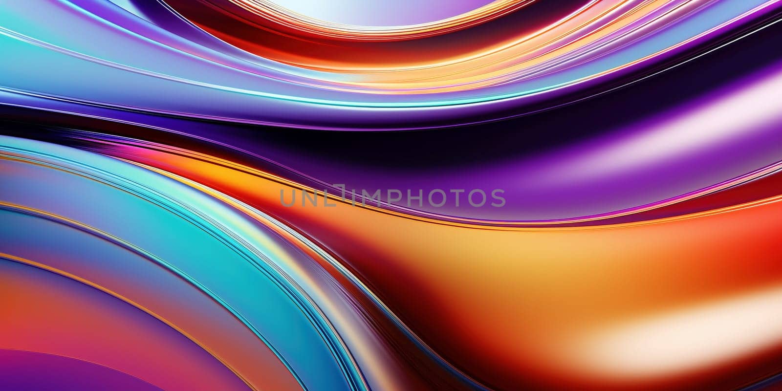 Metallic rainbow gradient waves abstract background. Iridescent chrome wavy surface. Liquid surface, ripples, reflections. 3d render illustration