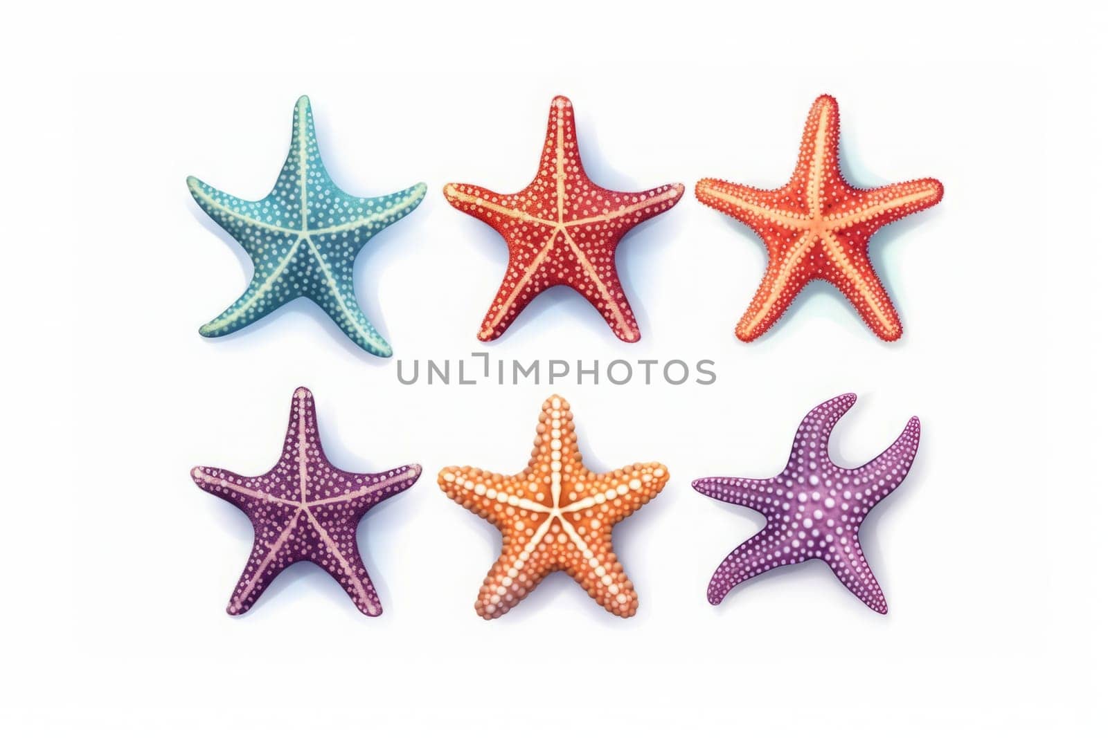 Set with beautiful colorful sea stars on white background. Generated AI by Oxdesign