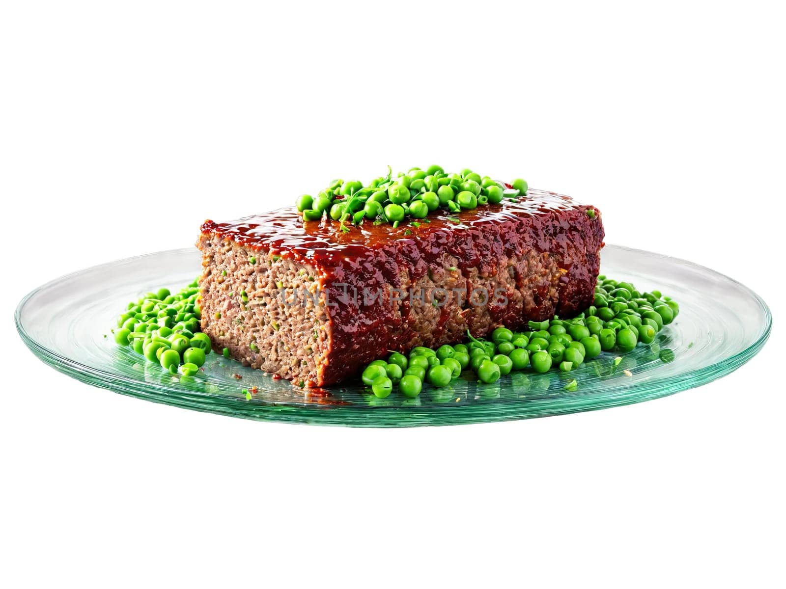 Meatloaf glazed and sliced with green peas on the side on a transparent glass plate. Food isolated on transparent background.