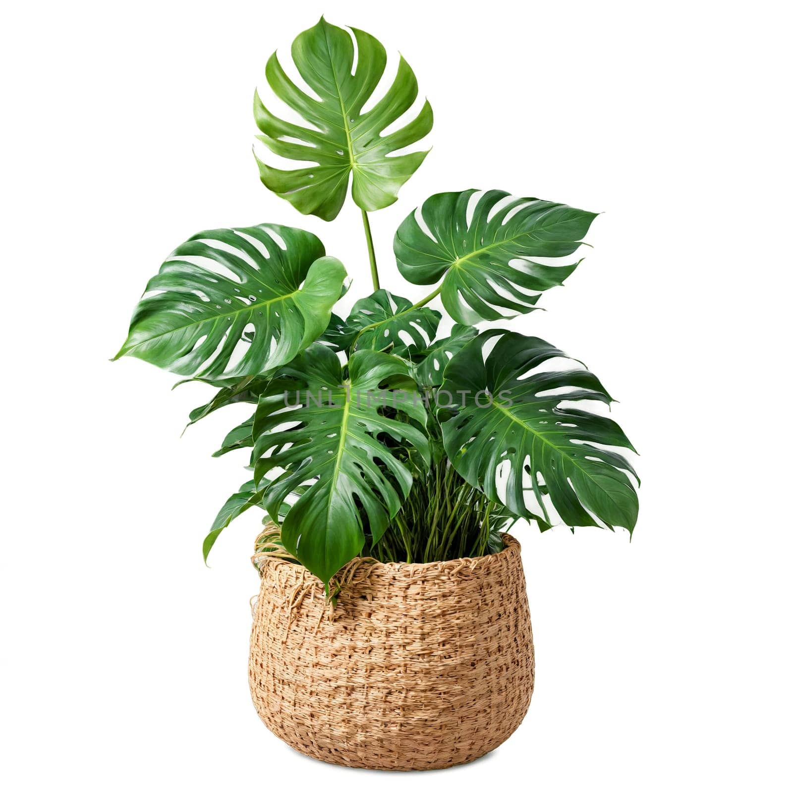 Swiss Cheese Plant large green leaves with oval holes in a woven basket planter with. Plants isolated on transparent background.