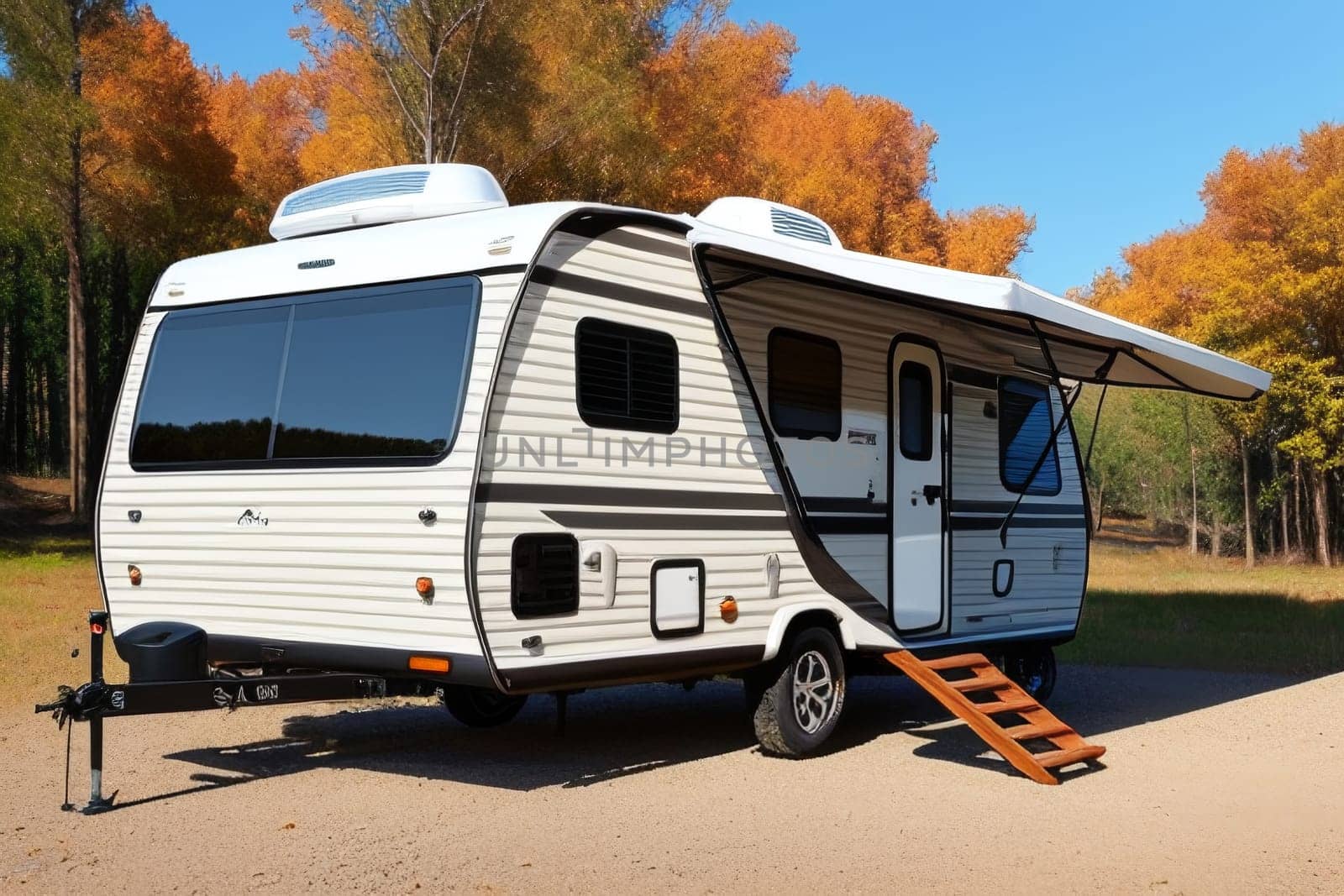 The trailer of the mobile home is camping in the fall, the concept of a family trip around the native country in a camper van or camper van and camping life