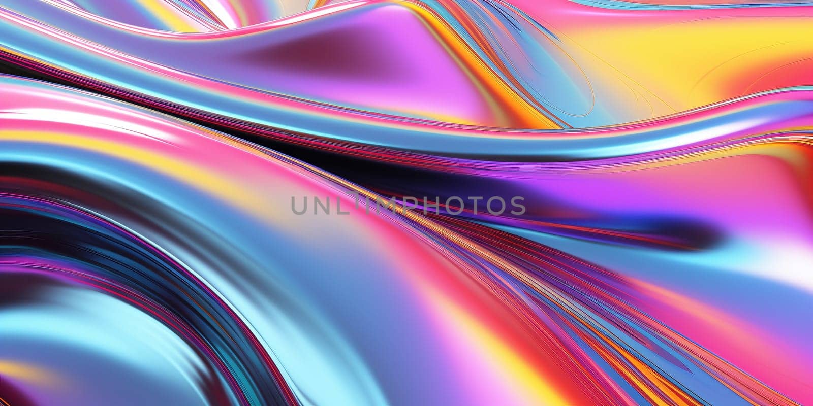 Metallic rainbow gradient waves abstract background. Iridescent chrome wavy surface. Liquid surface, ripples, reflections. 3d render illustration